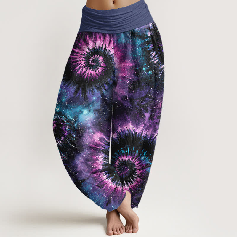 Buddha Stones Harembroek voor dames met elastische Taille en kosmisch spiraalpatroon van 100% Cotton - Paars - US16, UK/AU20, EU48 (3XL) - image 0