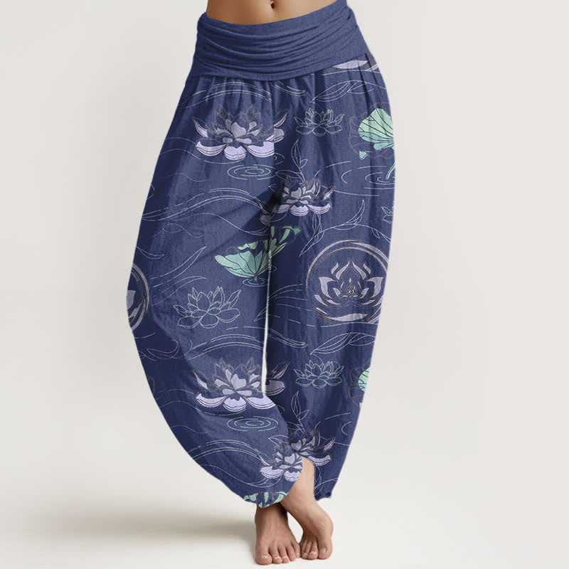 Buddha Stones Dames harembroek met elastische Taille en lotusmotief - Marine - US16, UK/AU20, EU48 (3XL) - image 0