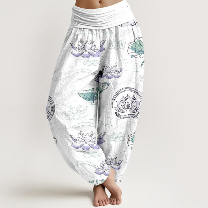 Buddha Stones Dames harembroek met elastische Taille en lotusmotief - Wit - US16, UK/AU20, EU48 (3XL) - image 8
