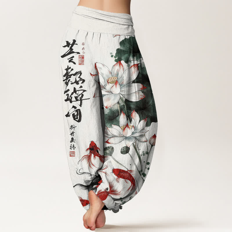 Buddha Stones Dames harembroek met elastische Taille en lotusbloemmotief, rode koivisinkt en kalligrafie. - image 1
