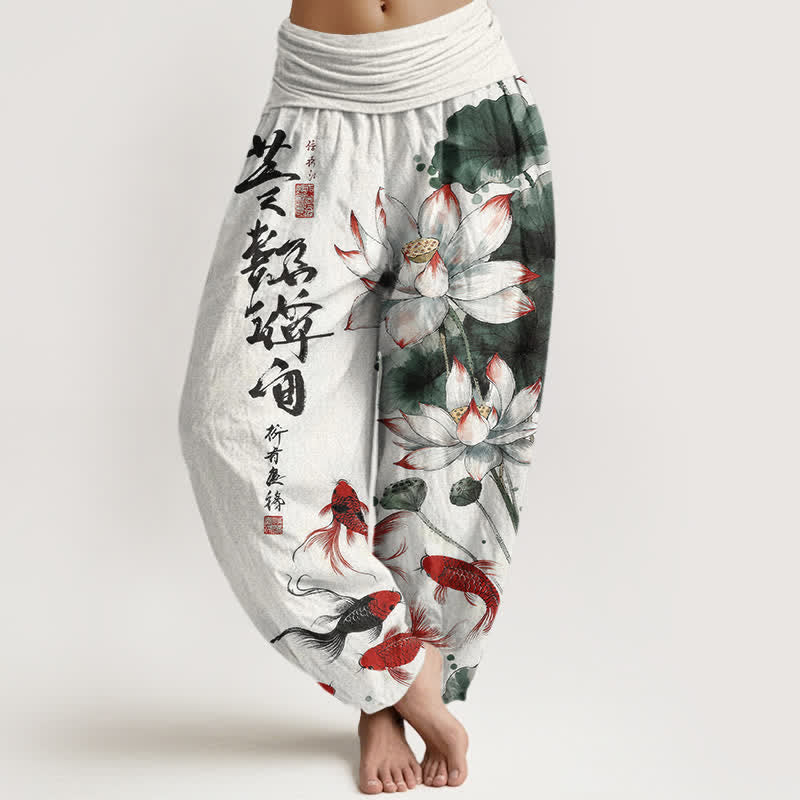 Buddha Stones Dames harembroek met elastische Taille en lotusbloemmotief, rode koivisinkt en kalligrafie. - Bloemenwit - US16, UK/AU20, EU48 (3XL) - image 0