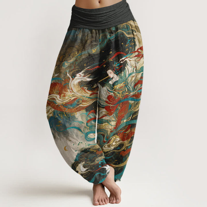 Buddha Stones Katoenen Dunhuang Oriëntaalse figuurwolkenpatroon dames harembroek met elastische Taille - Zwart - US16, UK/AU20, EU48 (3XL) - image 0