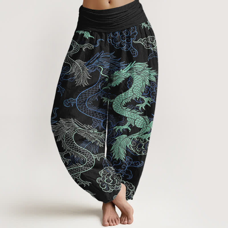 Buddha Stones Dames harembroek met elastische Taille en azuurblauw drakenpatroon. - Zwart - US16, UK/AU20, EU48 (3XL) - image 0