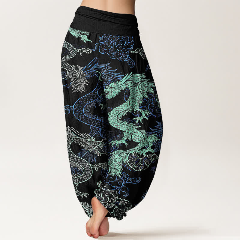 Buddha Stones Dames harembroek met elastische Taille en azuurblauw drakenpatroon. - image 1