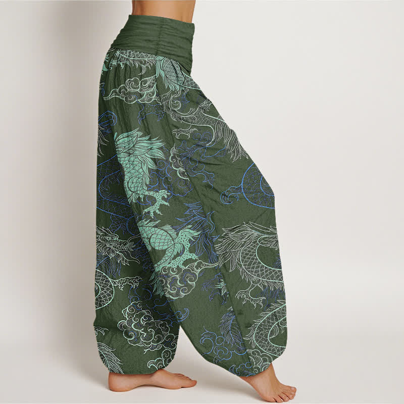 Buddha Stones Dames harembroek met elastische Taille en azuurblauw drakenpatroon. - image 7