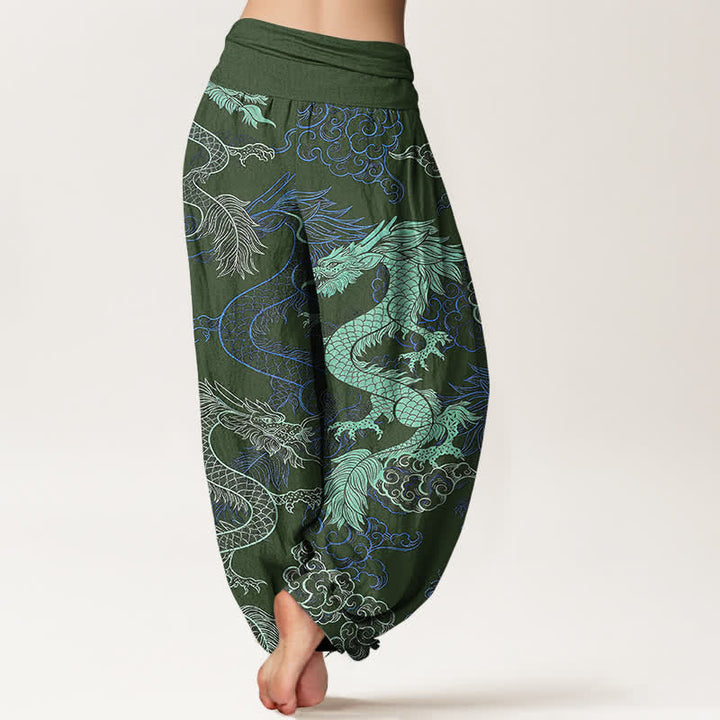 Buddha Stones Dames harembroek met elastische Taille en azuurblauw drakenpatroon. - image 6