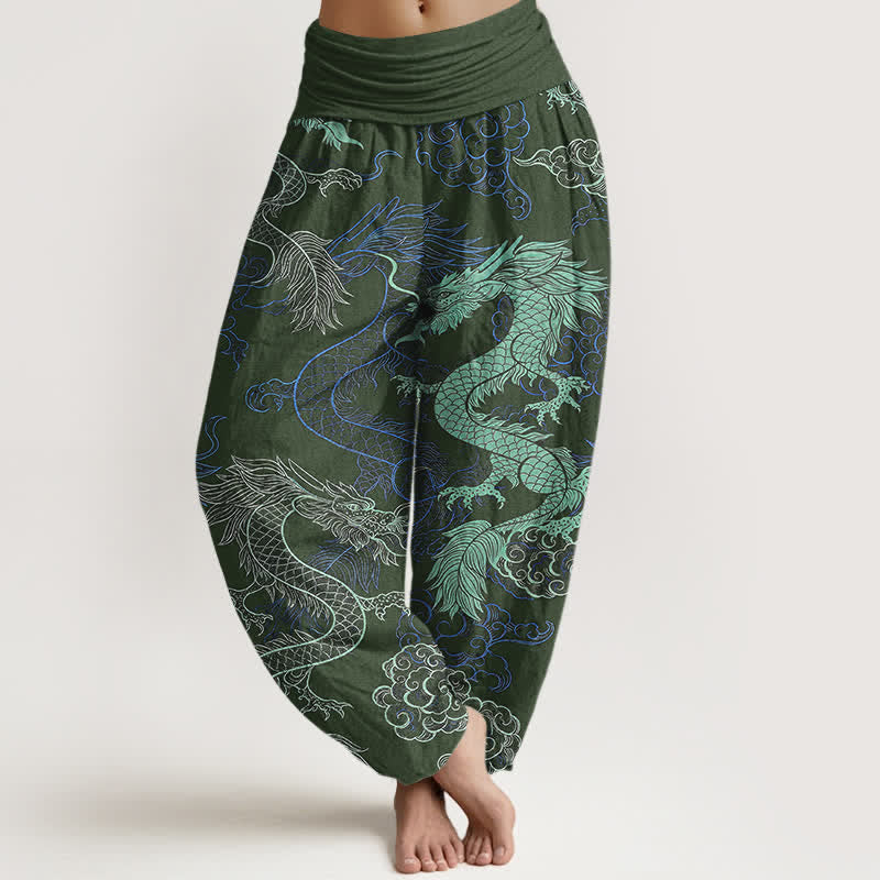 Buddha Stones Dames harembroek met elastische Taille en azuurblauw drakenpatroon. - Donker olijfgroen - US16, UK/AU20, EU48 (3XL) - image 5