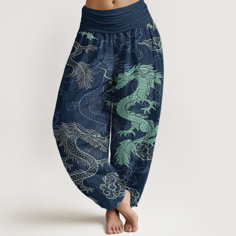 Buddha Stones Dames harembroek met elastische Taille en azuurblauw drakenpatroon. - Marine - US16, UK/AU20, EU48 (3XL) - image 8