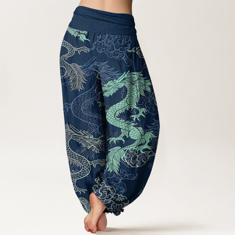 Buddha Stones Dames harembroek met elastische Taille en azuurblauw drakenpatroon. - image 9