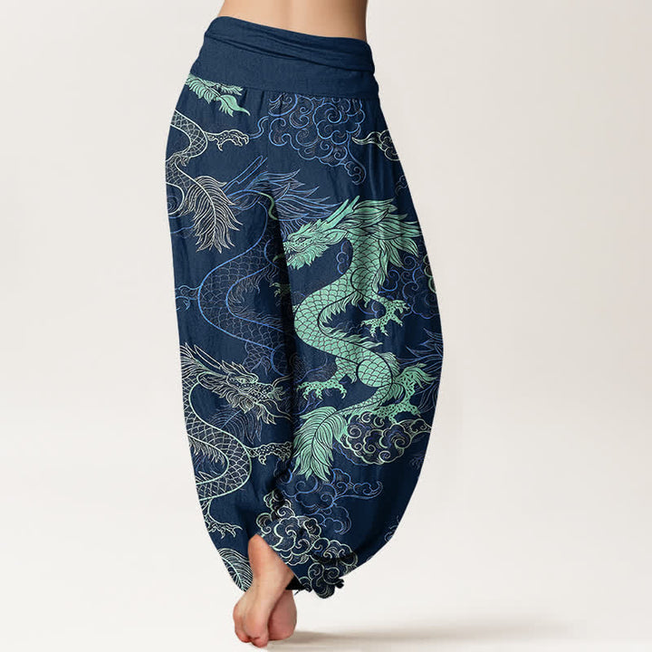 Buddha Stones Dames harembroek met elastische Taille en azuurblauw drakenpatroon. - image 9