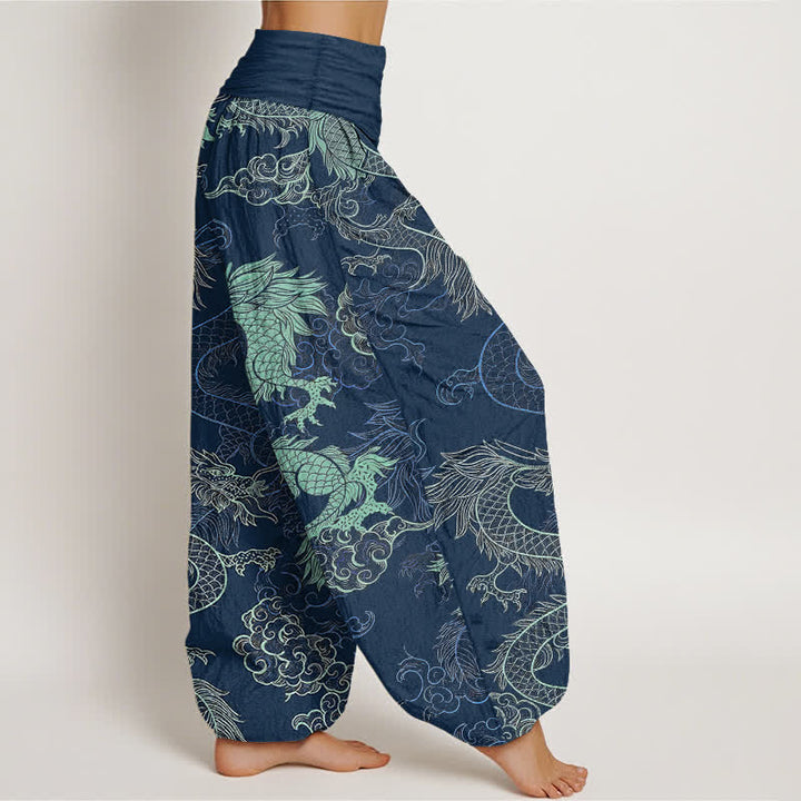 Buddha Stones Dames harembroek met elastische Taille en azuurblauw drakenpatroon. - image 10