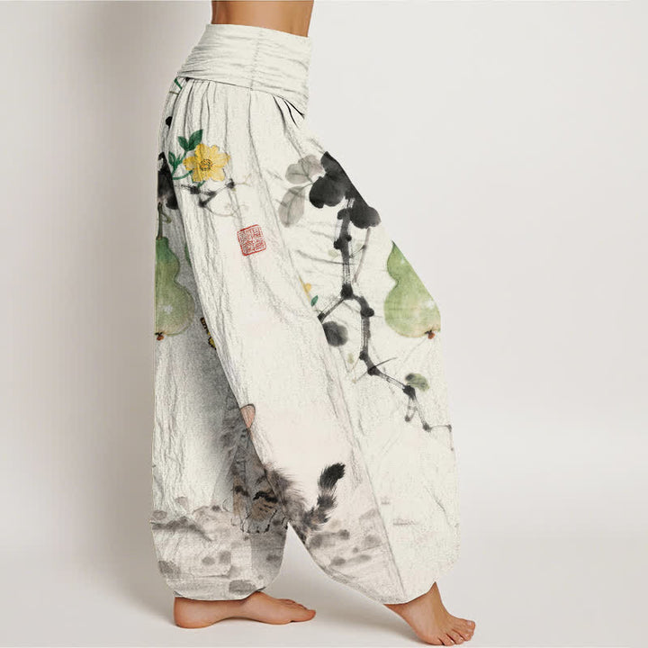 Buddha Stones Dames harembroek met elastische Taille in katoenen inkt, met katten- en kalebasmotief. - image 2