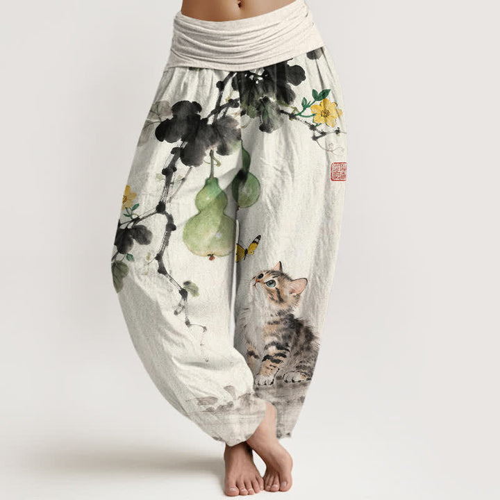 Buddha Stones Dames harembroek met elastische Taille in katoenen inkt, met katten- en kalebasmotief. - Ivoor - US16, UK/AU20, EU48 (3XL) - image 0