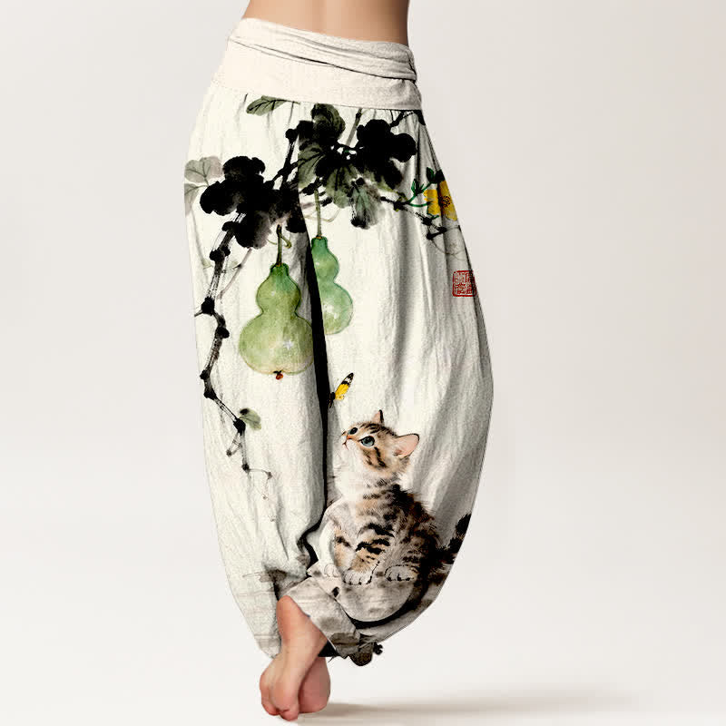Buddha Stones Dames harembroek met elastische Taille in katoenen inkt, met katten- en kalebasmotief. - image 1