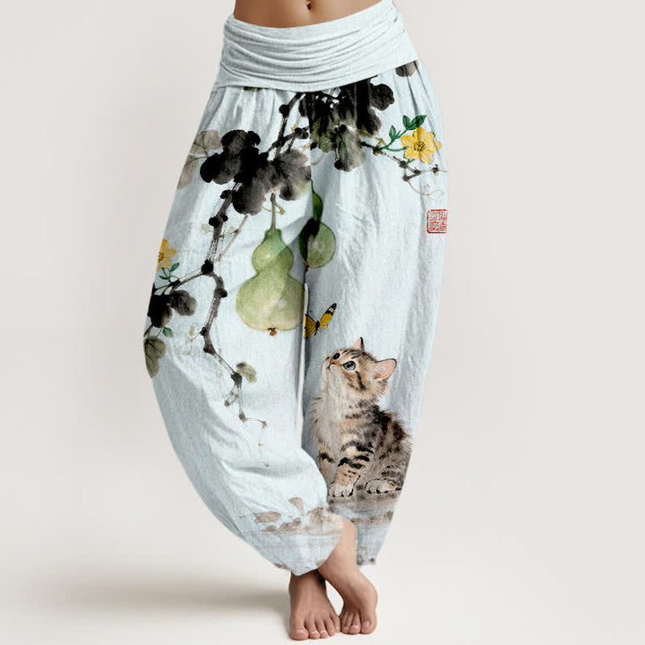 Buddha Stones Dames harembroek met elastische Taille in katoenen inkt, met katten- en kalebasmotief. - Lichtblauw - US16, UK/AU20, EU48 (3XL) - image 5