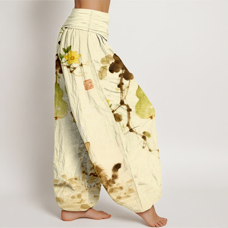 Buddha Stones Dames harembroek met elastische Taille in katoenen inkt, met katten- en kalebasmotief. - image 10