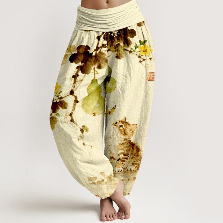 Buddha Stones Dames harembroek met elastische Taille in katoenen inkt, met katten- en kalebasmotief. - Maïszijde - US16, UK/AU20, EU48 (3XL) - image 8