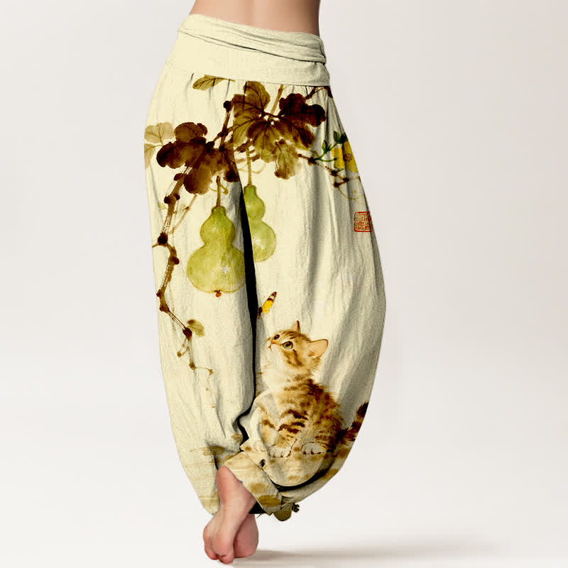 Buddha Stones Dames harembroek met elastische Taille in katoenen inkt, met katten- en kalebasmotief. - image 9