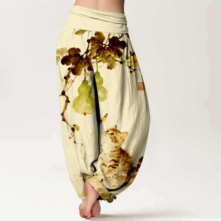 Buddha Stones Dames harembroek met elastische Taille in katoenen inkt, met katten- en kalebasmotief. - image 9