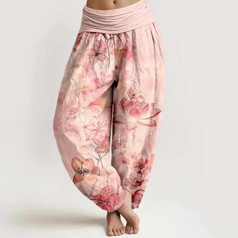 Buddha Stones Dames harembroek met elastische Taille en lotusbloem- en libellenpatroon - Lichtroze - US16, UK/AU20, EU48 (3XL) - image 0