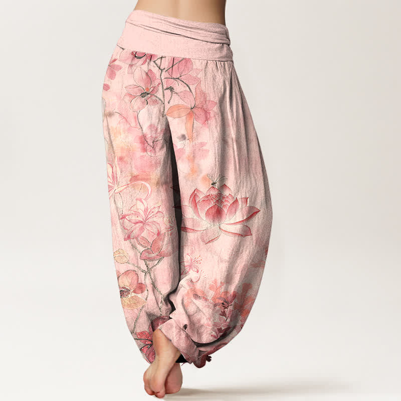 Buddha Stones Dames harembroek met elastische Taille en lotusbloem- en libellenpatroon - image 1