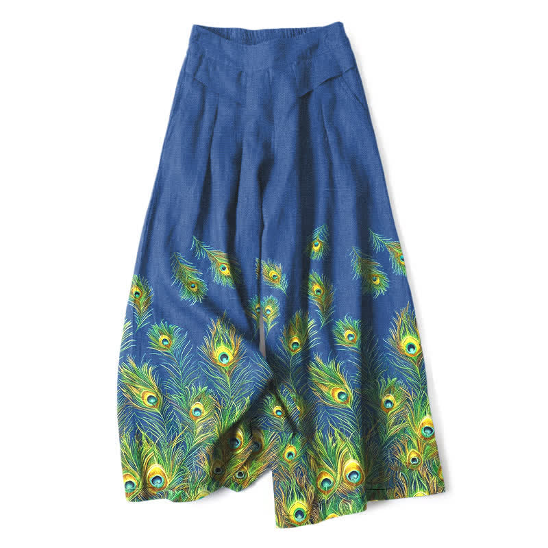 Buddha Stones Damesbroek met elastische Taille en wijde pijpen, gemaakt van katoen-linnen met pauwenverenpatroon en Zakken. - Koningsblauw - US16, UK/AU20, EU48 (3XL) - image 0