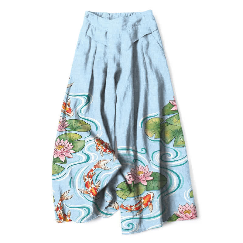 Buddha Stones Katoenen linnen damesbroek met elastische Taille , wijde pijpen, koivissen, roze lotusvijverpatroon en Zakken. - Lichtblauw - US16, UK/AU20, EU48 (3XL) - image 0