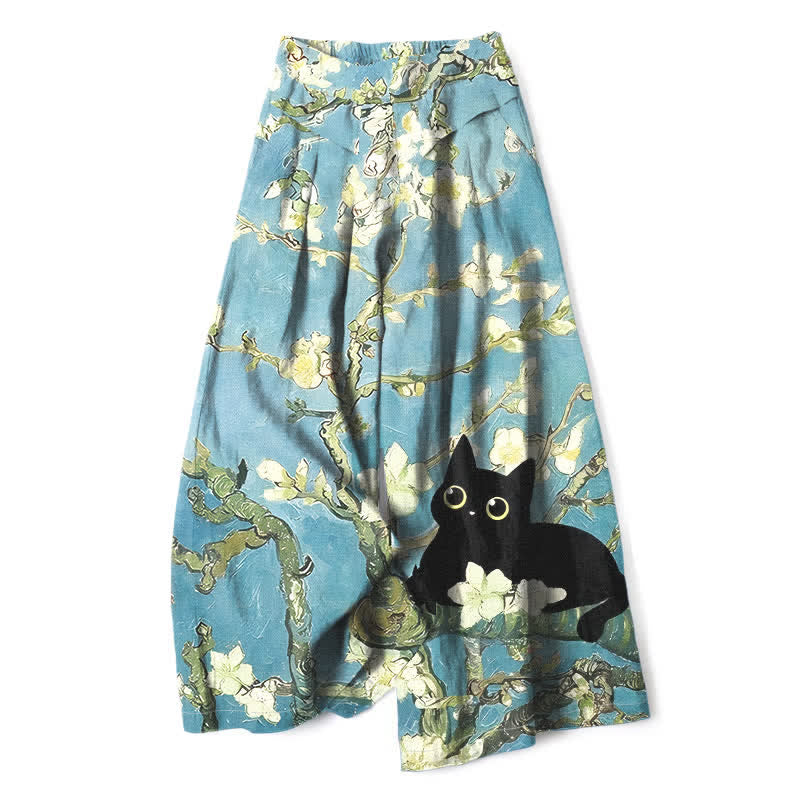 Buddha Stones Damesbroek met elastische Taille , wijde pijpen, blauwe katoen-linnenprint, bloemenmotief en kattenprint, en Zakken. - Licht turkoois - US16, UK/AU20, EU48 (3XL) - image 0