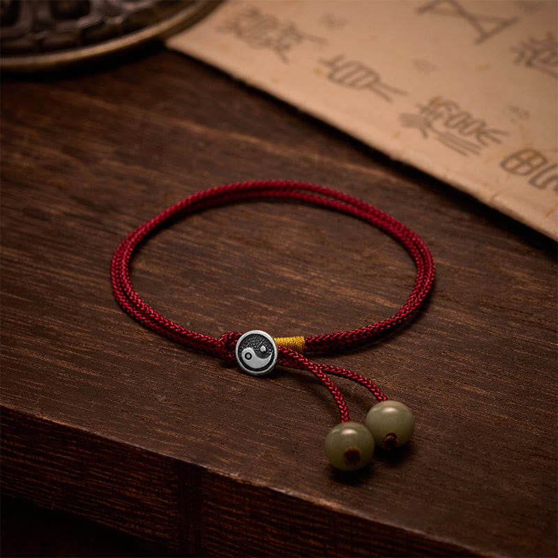 Buddha Stones Handgemaakte ronde Yin Yang Armband van 925 sterling zilver met gevlochten rood koord. - Zilver (Zegen♥Rust) - image 0