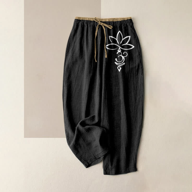 Buddha Stones Damesbroek van 100% Cotton met lotus-Om-patroon, elastische Taille en Zakken. - Zwart - US16, UK/AU20, EU48 (3XL) - image 0