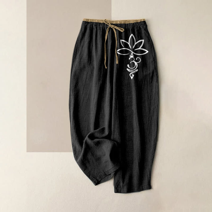 Buddha Stones Damesbroek van 100% Cotton met lotus-Om-patroon, elastische Taille en Zakken. - Zwart - US16, UK/AU20, EU48 (3XL) - image 0