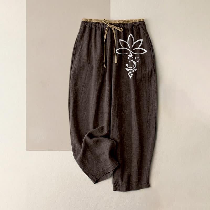 Buddha Stones Damesbroek van 100% Cotton met lotus-Om-patroon, elastische Taille en Zakken. - Zadelbruin - US16, UK/AU20, EU48 (3XL) - image 8