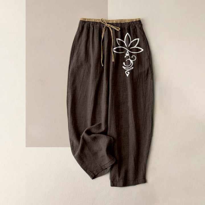 Buddha Stones Damesbroek van 100% Cotton met lotus-Om-patroon, elastische Taille en Zakken. - Zadelbruin - US16, UK/AU20, EU48 (3XL) - image 8