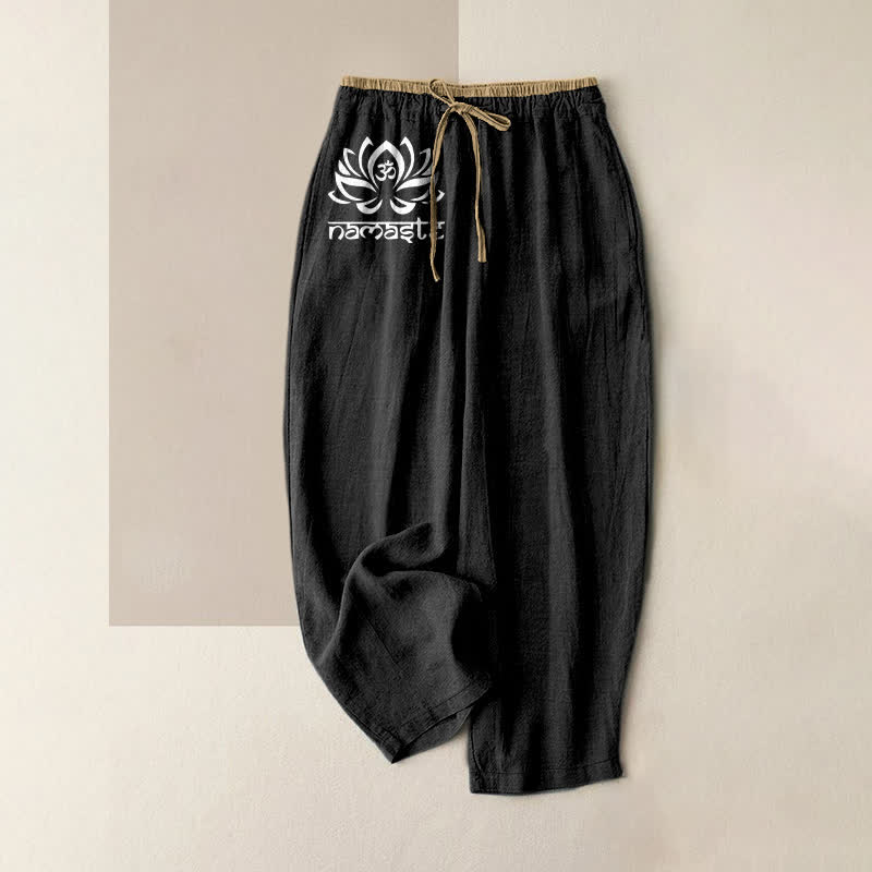 Buddha Stones Damesbroek van 100% Cotton met Namaste Lotus-patroon, elastische Taille en Zakken. - Zwart - US16, UK/AU20, EU48 (3XL) - image 0