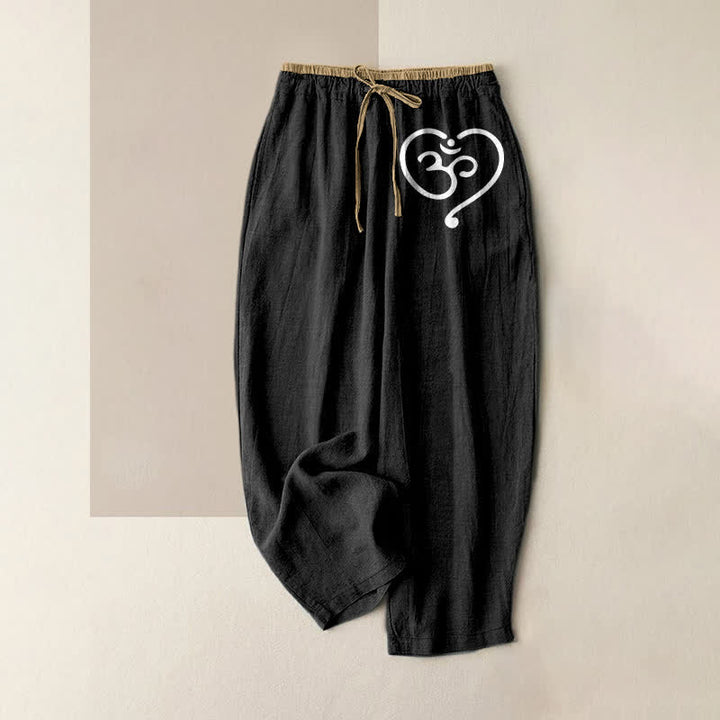 Buddha Stones Damesbroek van 100% Cotton met Zen Om-hartpatroon, elastische Taille en Zakken. - Zwart - US16, UK/AU20, EU48 (3XL) - image 0