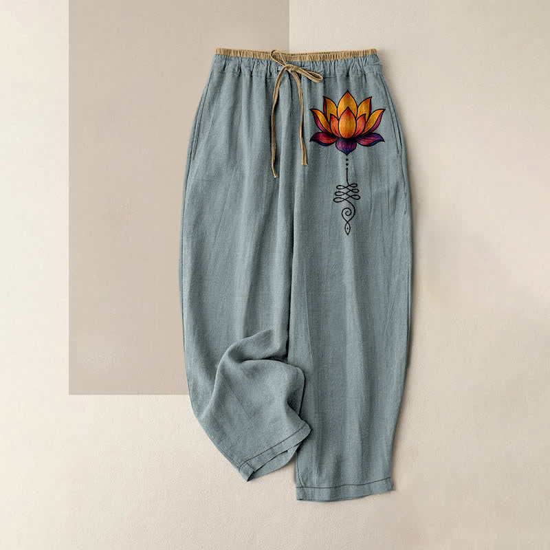 Buddha Stones Damesbroek van 100% Cotton met oranje lotusprint, elastische Taille en Zakken. - Lichtblauw - US16, UK/AU20, EU48 (3XL) - image 8