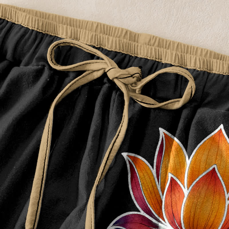 Buddha Stones Damesbroek van 100% Cotton met oranje lotusprint, elastische Taille en Zakken. - image 1