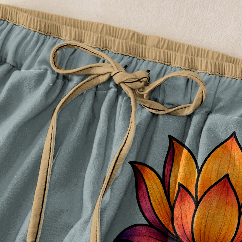 Buddha Stones Damesbroek van 100% Cotton met oranje lotusprint, elastische Taille en Zakken. - image 9