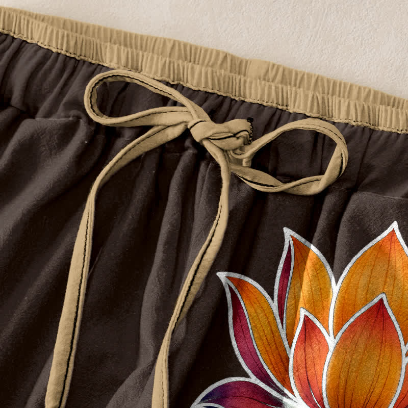 Buddha Stones Damesbroek van 100% Cotton met oranje lotusprint, elastische Taille en Zakken. - image 5