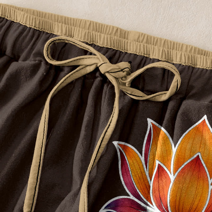 Buddha Stones Damesbroek van 100% Cotton met oranje lotusprint, elastische Taille en Zakken. - image 5