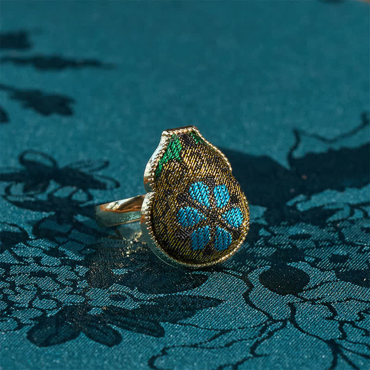 Buddha Stones Song Brocade Pompoenvormige Blessing Verstelbare Vintage Chinese Stijl Ring - Goudblauw (zelfde kleurtint – patroon varieert) - Verstelbaar (Open) - image 0