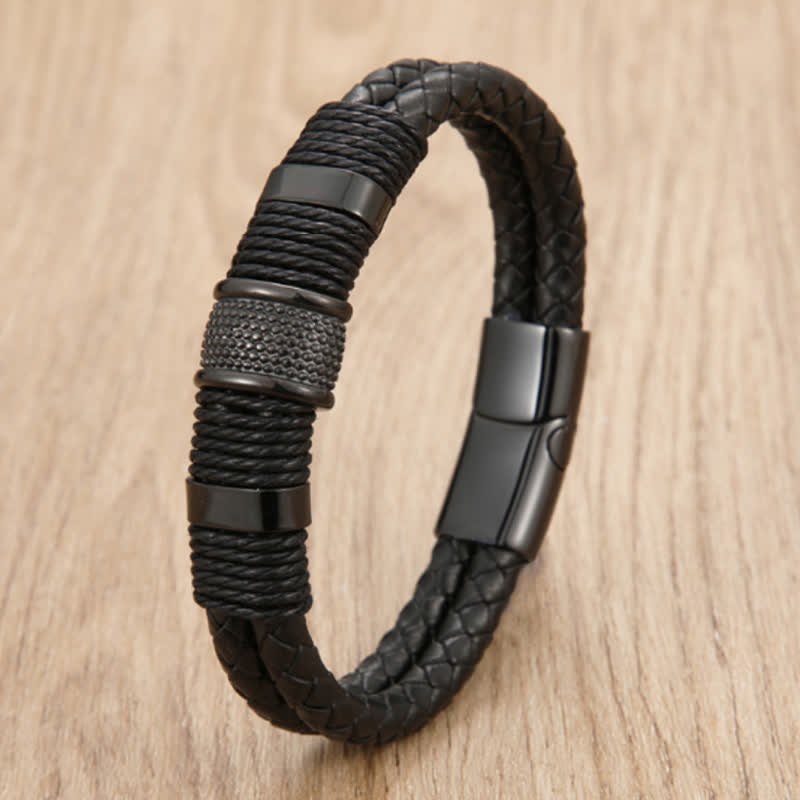 Buddha Stones Handgeweven leren Armband met dubbele vlechtlaag. - Zwart - 7,9–8,3 inch (20–21 cm) - image 4