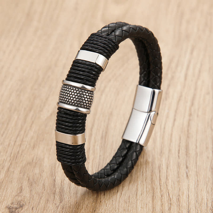 Buddha Stones Handgeweven leren Armband met dubbele vlechtlaag. - Zilver - 7,9–8,3 inch (20–21 cm) - image 0
