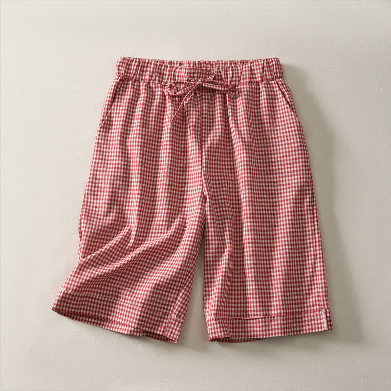 Buddha Stones Vintage zomerse katoenen damesshorts met trekkoord en ruitpatroon - Rood - US14, UK/AU18, EU46 (3XL) - image 0