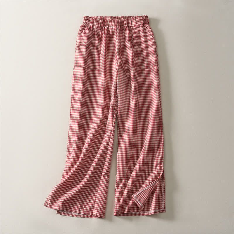 Buddha Stones Casual vintage Cropped broek met trekkoord en ruitpatroon, katoenen broek met rechte pijpen en Zakken voor dames, geschikt voor de lente en zomer. - Rood - US14, UK/AU18, EU46 (3XL) - image 0