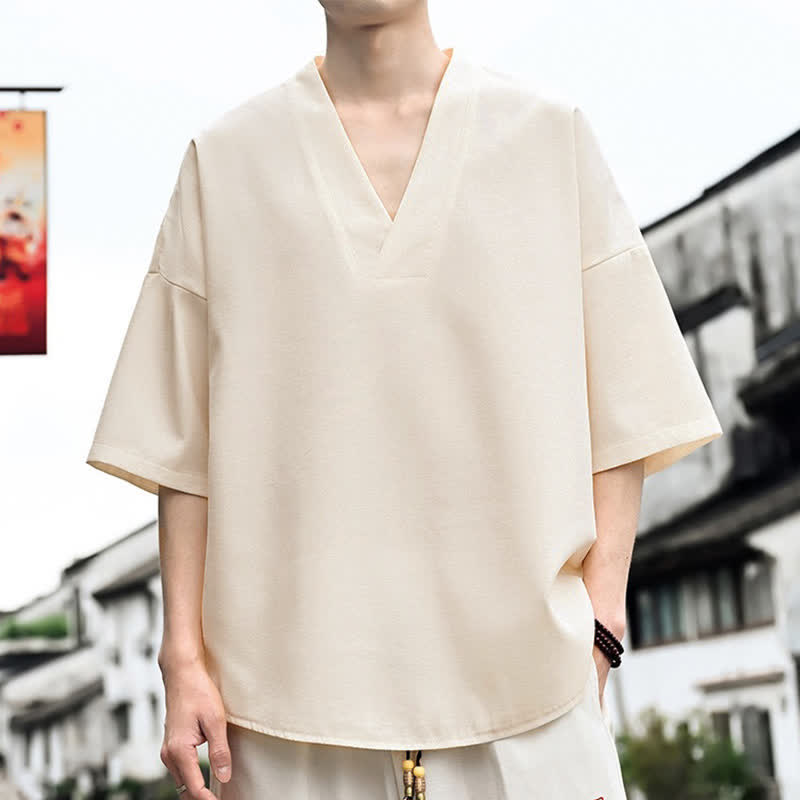 Buddha Stones Zomerse minimalistische casual T-shirts met Korte mouw en zijsplit voor heren, effen kleur - image 1
