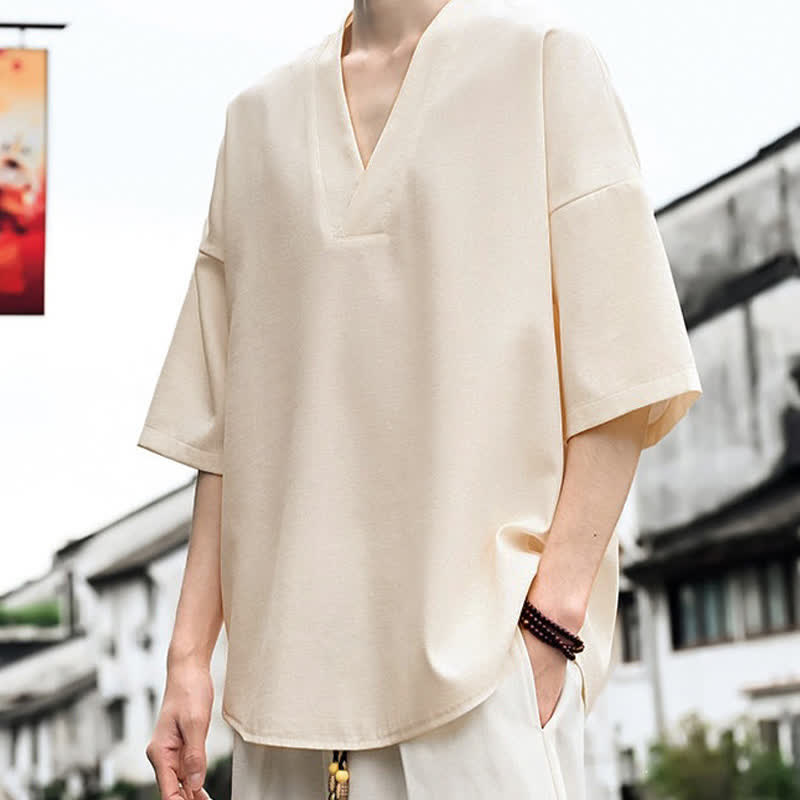 Buddha Stones Zomerse minimalistische casual T-shirts met Korte mouw en zijsplit voor heren, effen kleur - Beige - US/UK/AU46, EU56 (5XL) - image 0