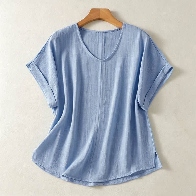 Buddha Stones Zomerse casual minimalistische effen V-hals T-shirts met Korte mouw voor dames - Lichtblauw - US8-10, UK/AU12-14, EU40-42 (2XL) - image 0