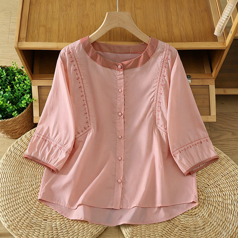 Buddha Stones Zomerse casual vintage button-up Overhemden met Korte mouw en decoratieve naden - Lichtroze - US8-10, UK/AU12-14, EU40-42 (2XL) - image 0