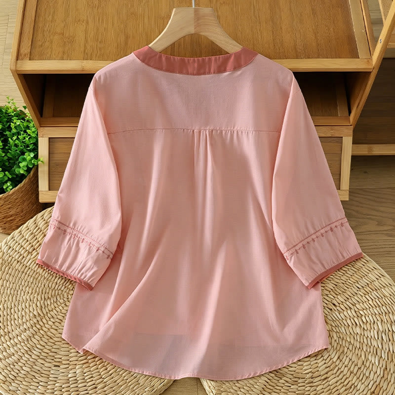 Buddha Stones Zomerse casual vintage button-up Overhemden met Korte mouw en decoratieve naden - image 1